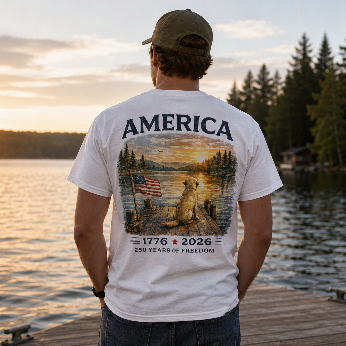 America 1776–2026 Freedom Lake Graphic T-Shirt — Patriotic Dog & Flag Tee Printify