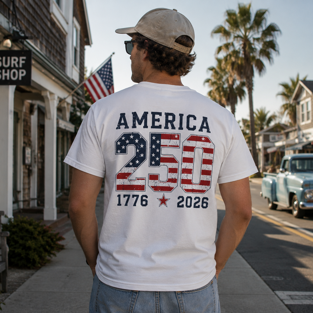 American Flag Pocket T-Shirt — "America's" Small Logo Patriotic Tee Printify