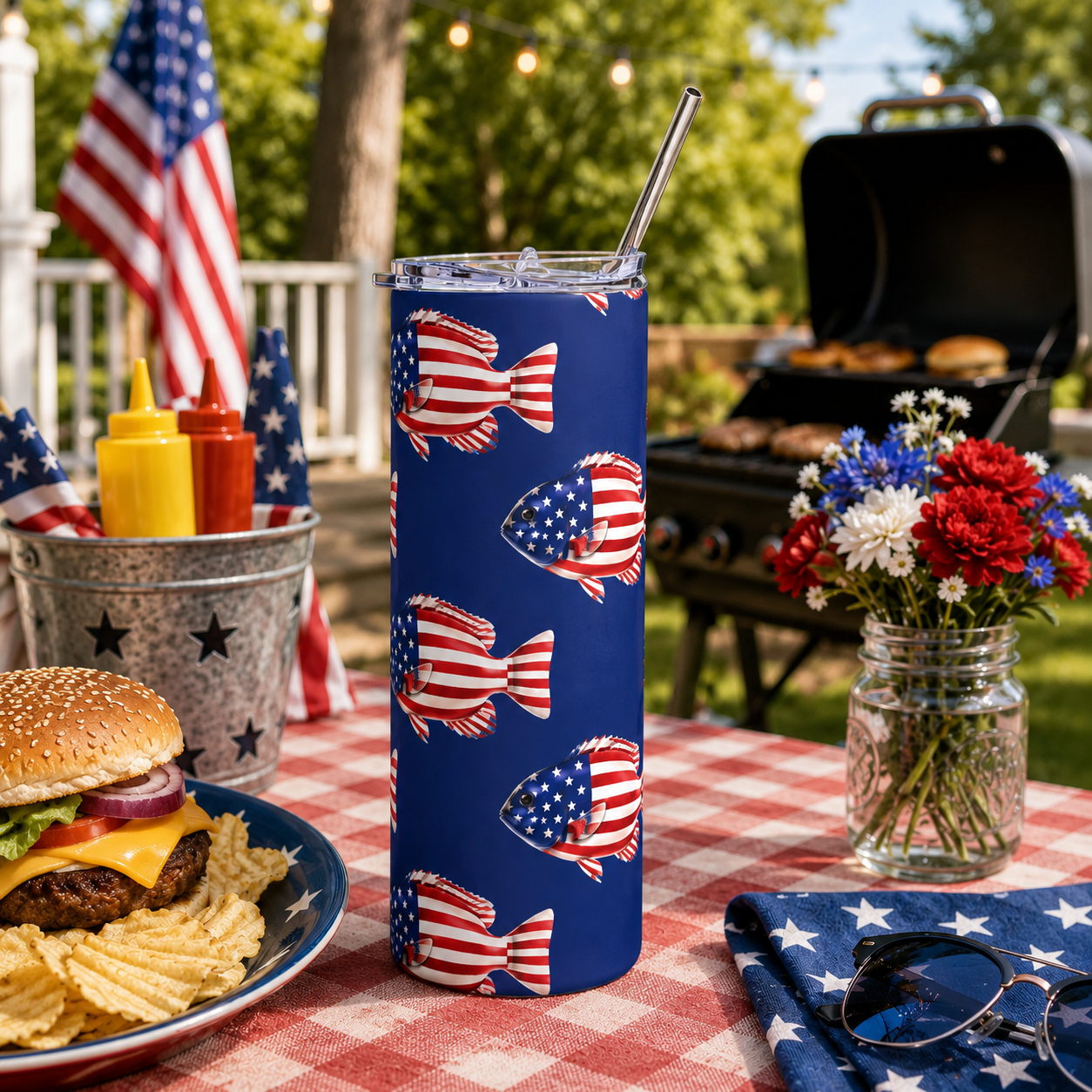 20oz Stainless Steel Tumbler — American Flag Fish Printify