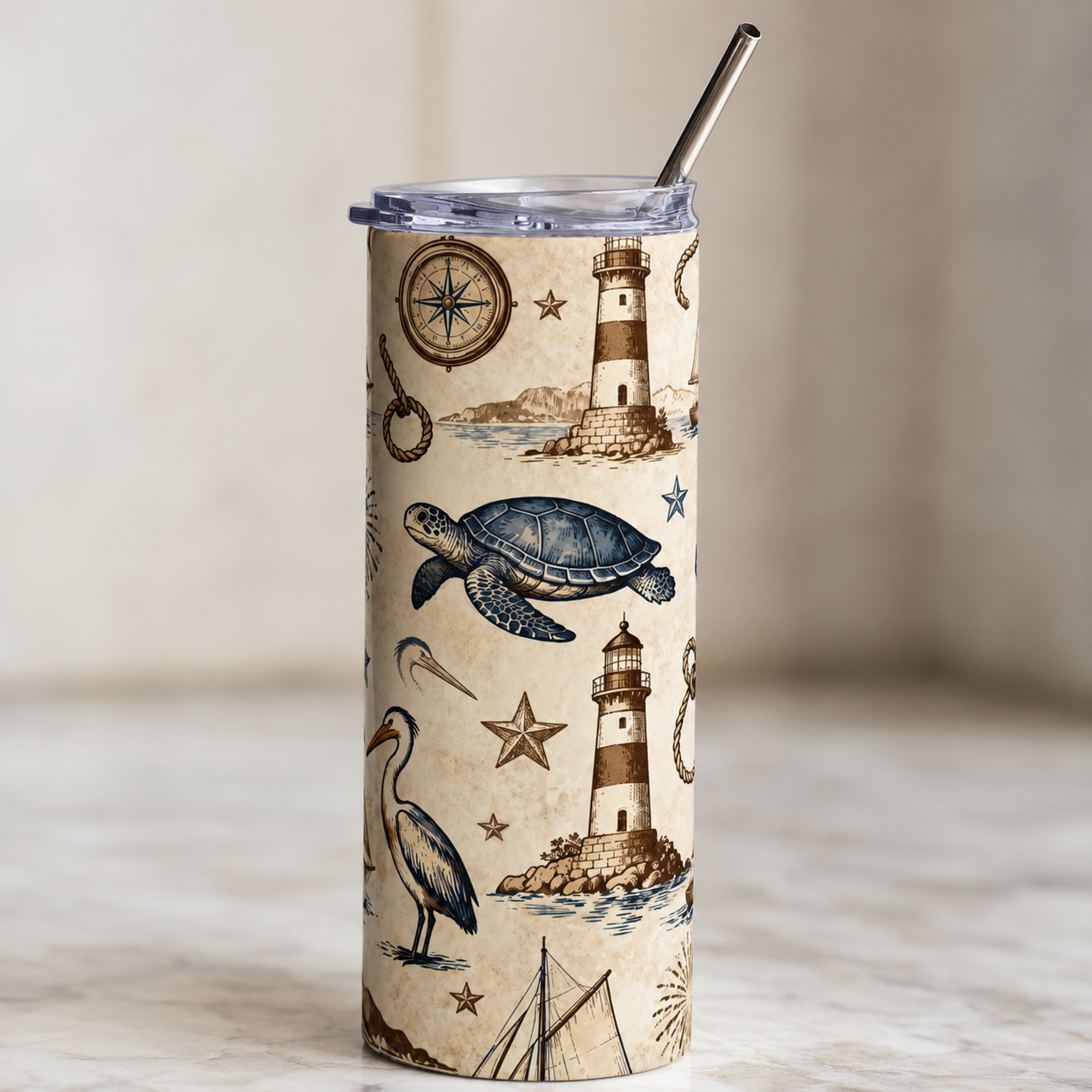 20oz Stainless Steel Tumbler — Nautical Turtles, Sailboats & Lighthouses Printify