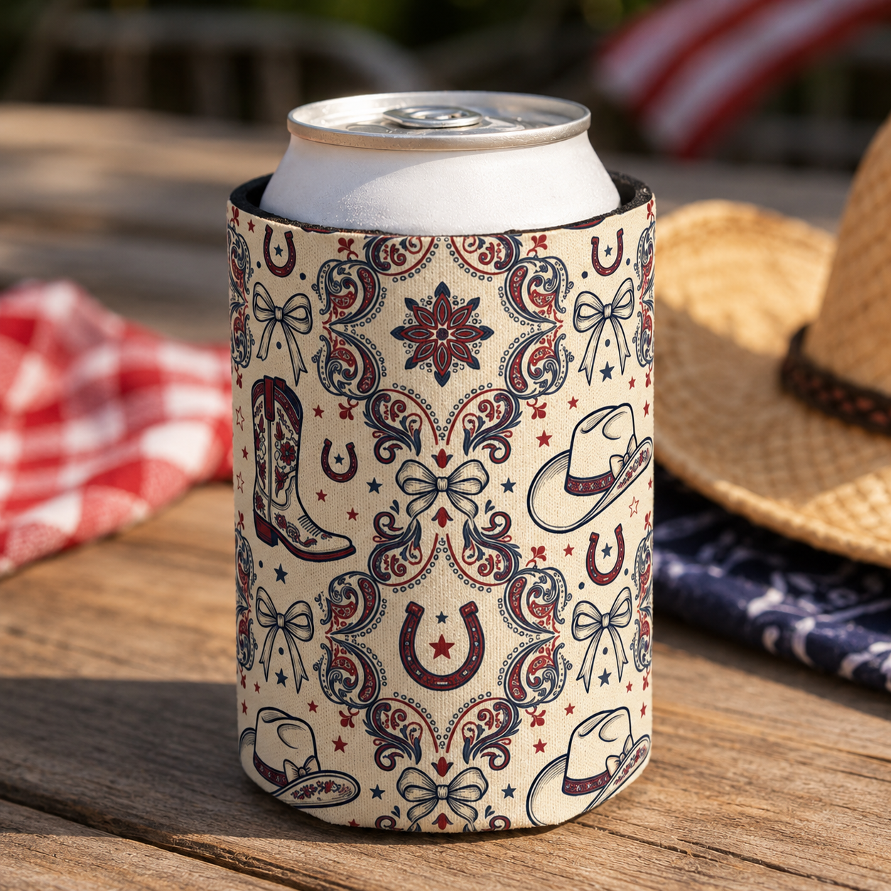 Cowgirl Americana Can Cooler — Western Cowboy Country Drink Koozie Printify