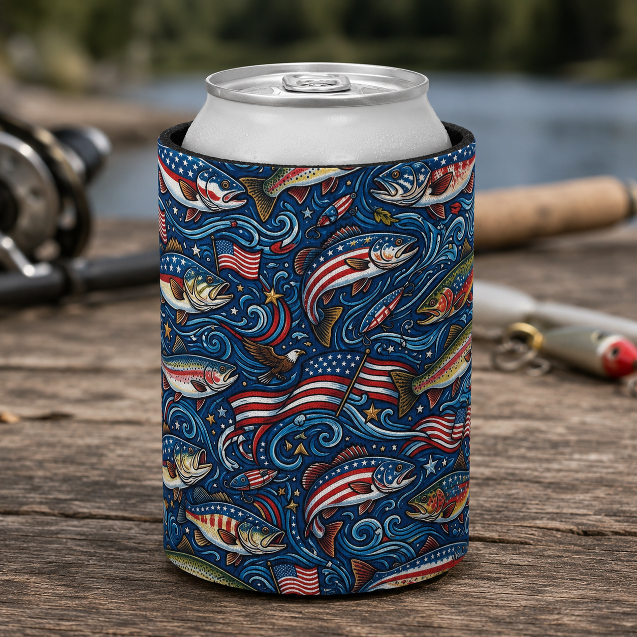 American Bass Can Cooler — Patriotic Fishing Beverage Cooler Printify