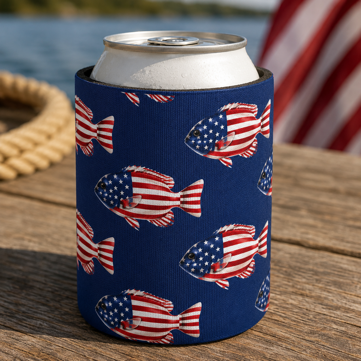 American Flag Fish Can Cooler — Patriotic Beverage Koozie Printify