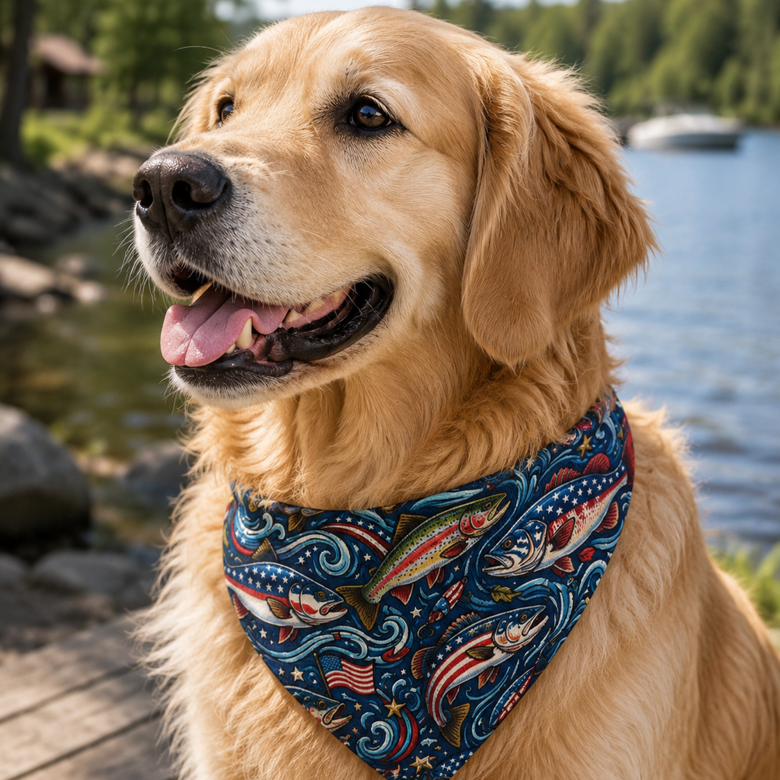 Dog wearing a bandana with a fish pattern by a lake