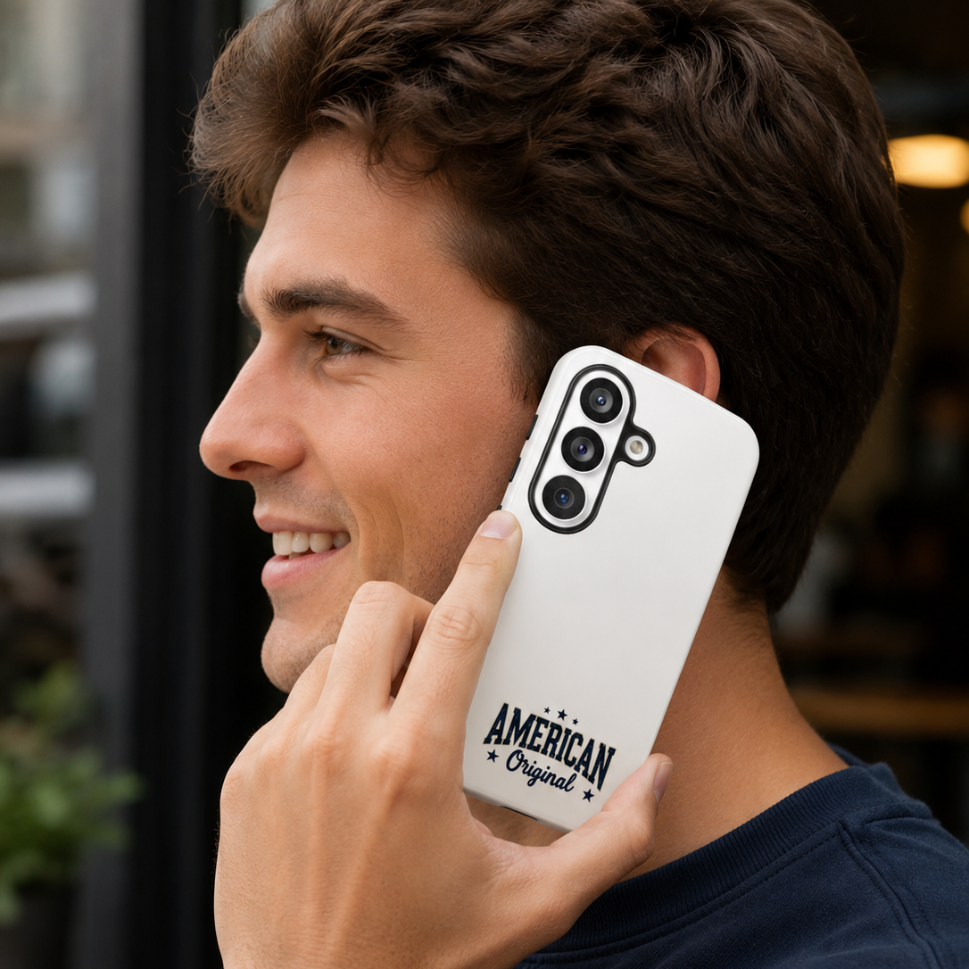 Man holding a phone with 'American Original' case in a casual setting