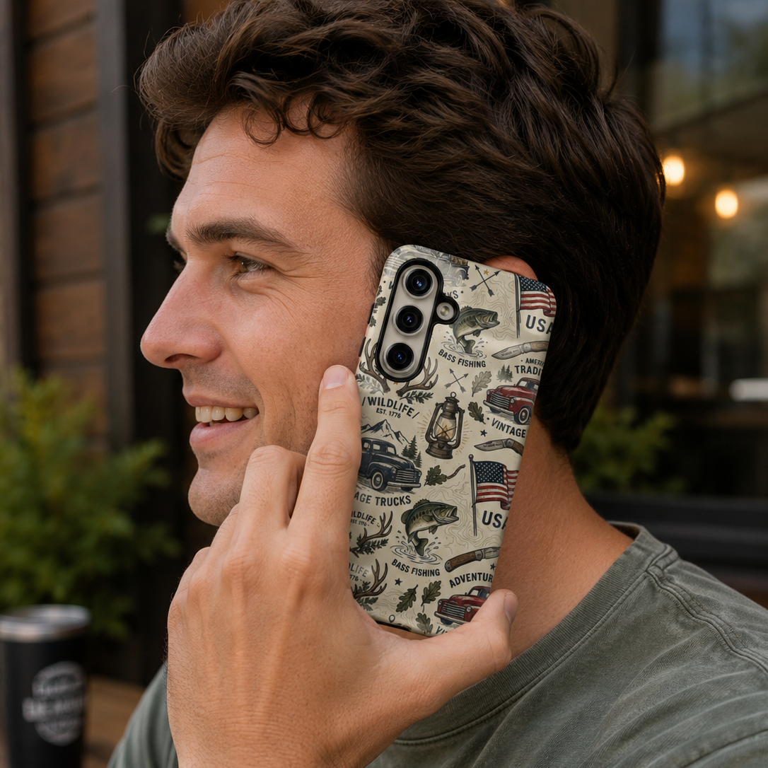 Man holding a phone with a vintage-style case, outdoors.
