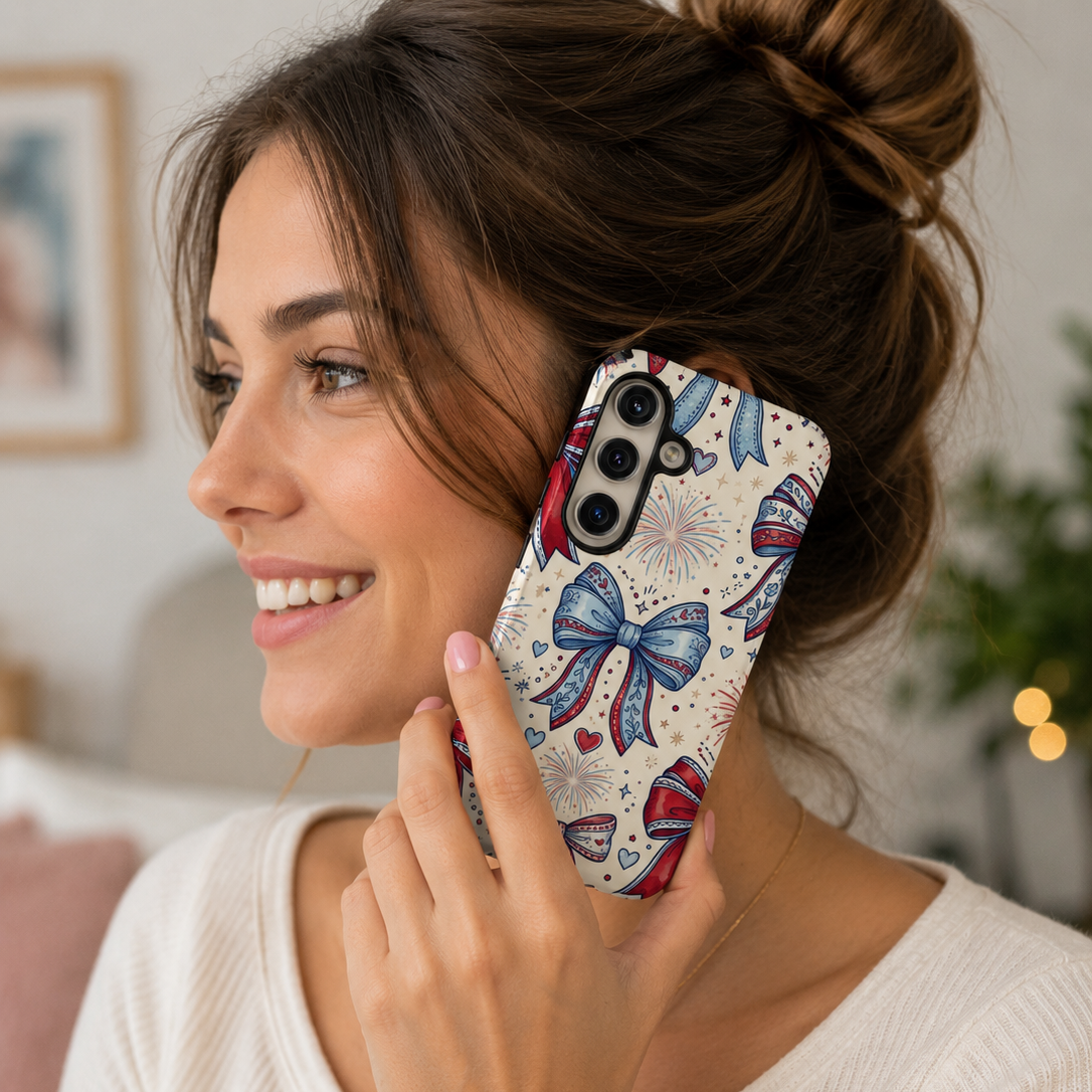 Woman holding a phone with a butterfly-patterned case in a cozy indoor setting