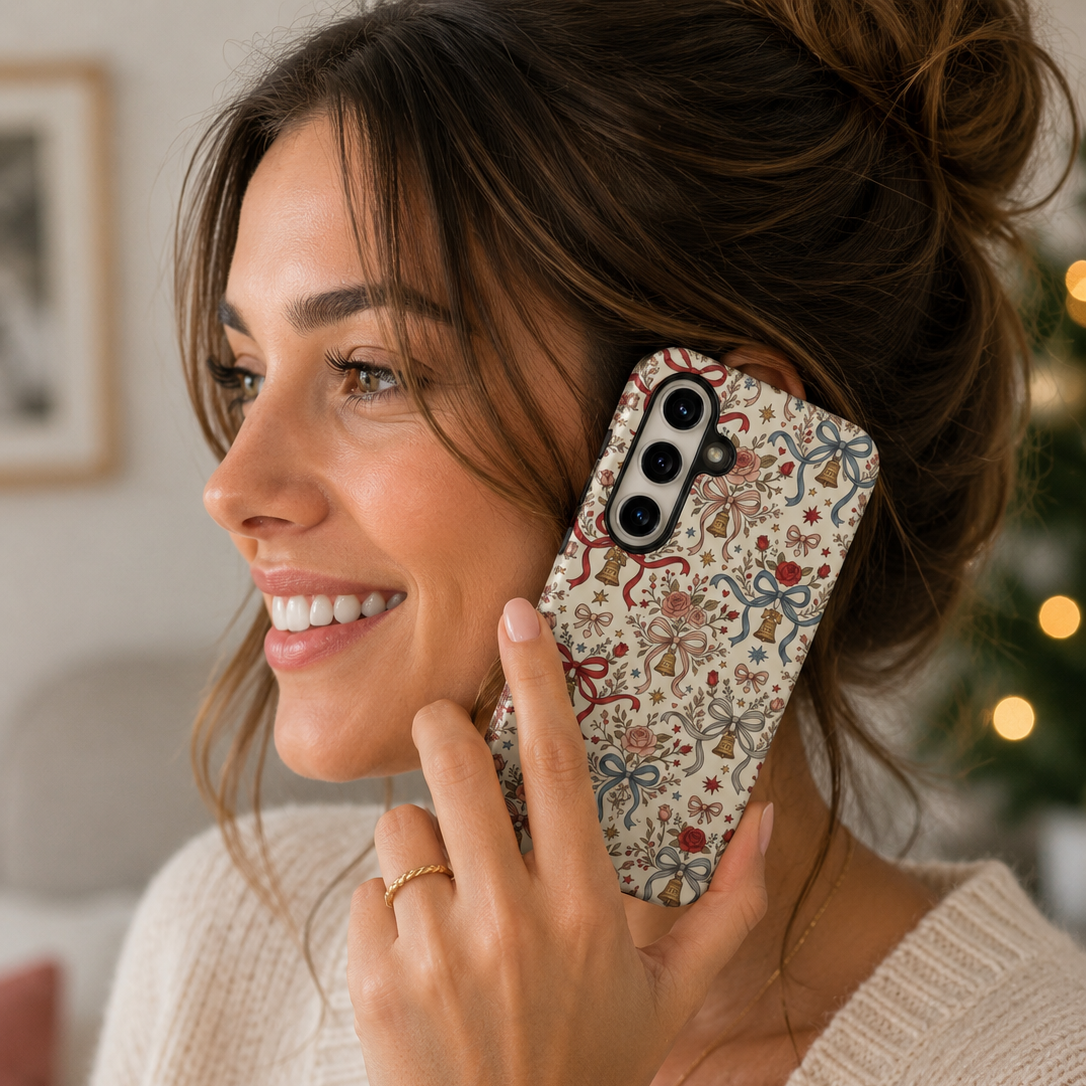 Woman holding a phone with a floral case, smiling, in a cozy indoor setting.