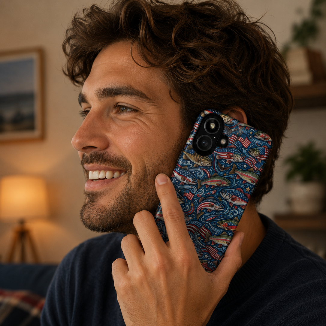 Man holding a phone with a colorful case in a cozy indoor setting
