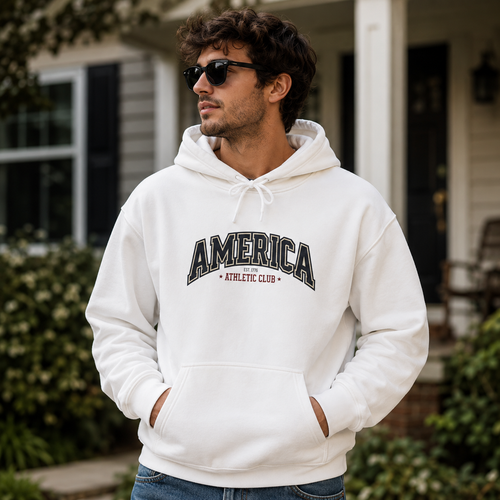 America Athletic Club Heavy Blend Hoodie – Vintage Collegiate Patriotic Sweatshirt Printify