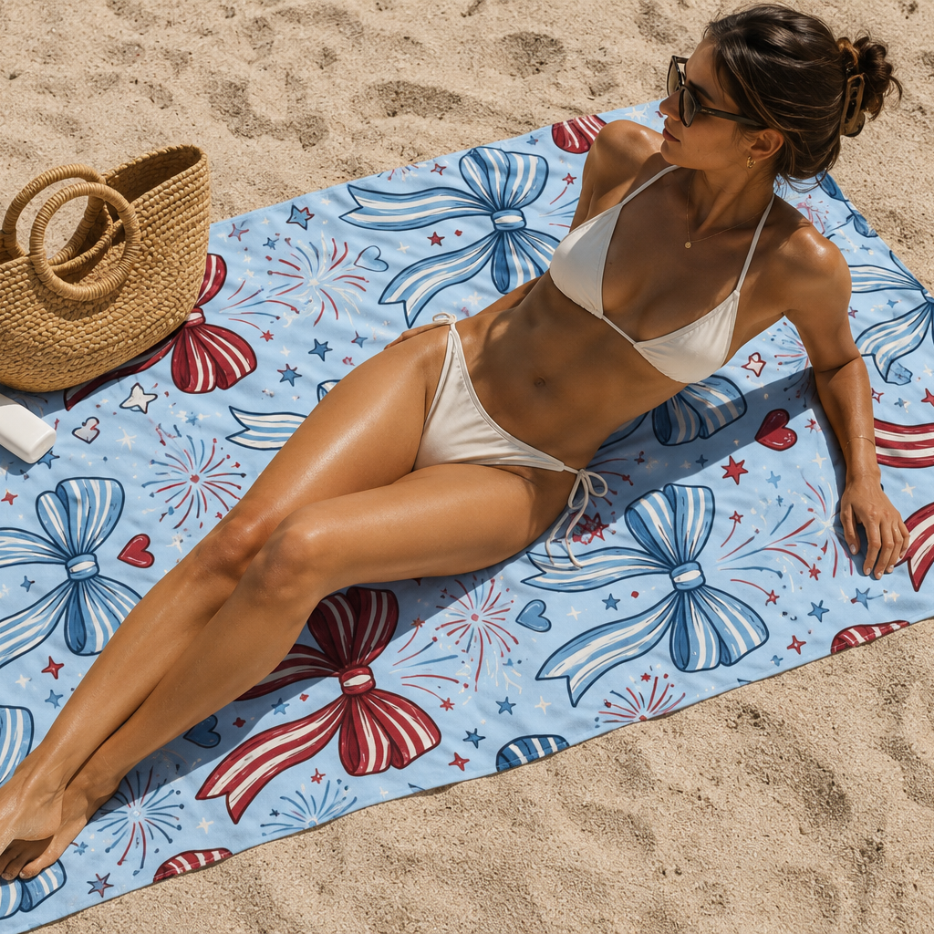 Woman lying on a beach towel with a colorful bow pattern, wearing a white bikini.