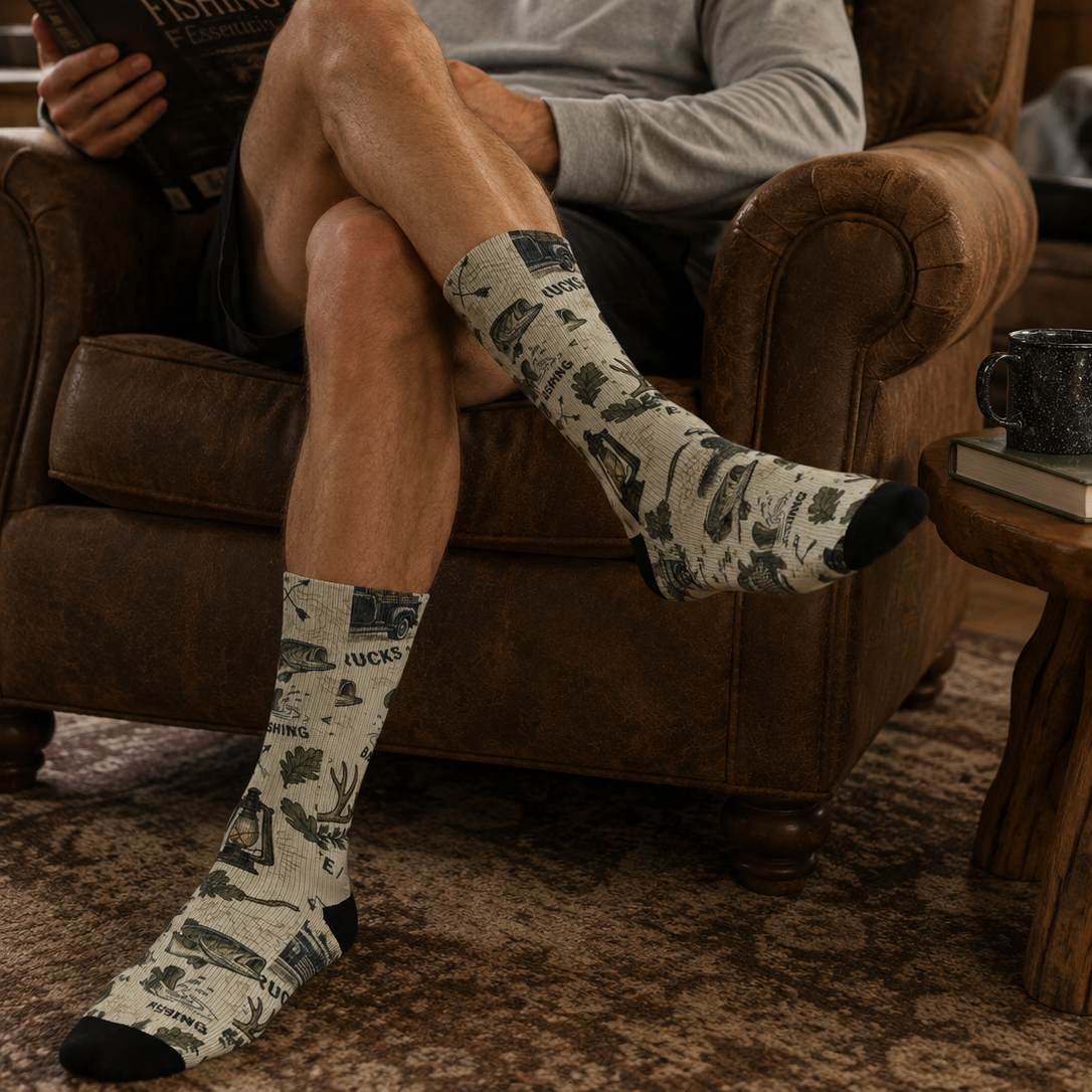 Man sitting in a chair wearing patterned socks, reading a book in a cozy room.