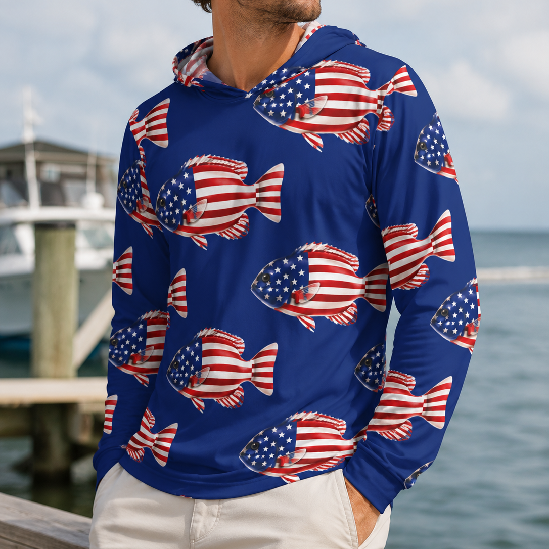 Stars & Stripes Bluegill Performance Hoodie – Patriotic Fishing Hooded Shirt Printify