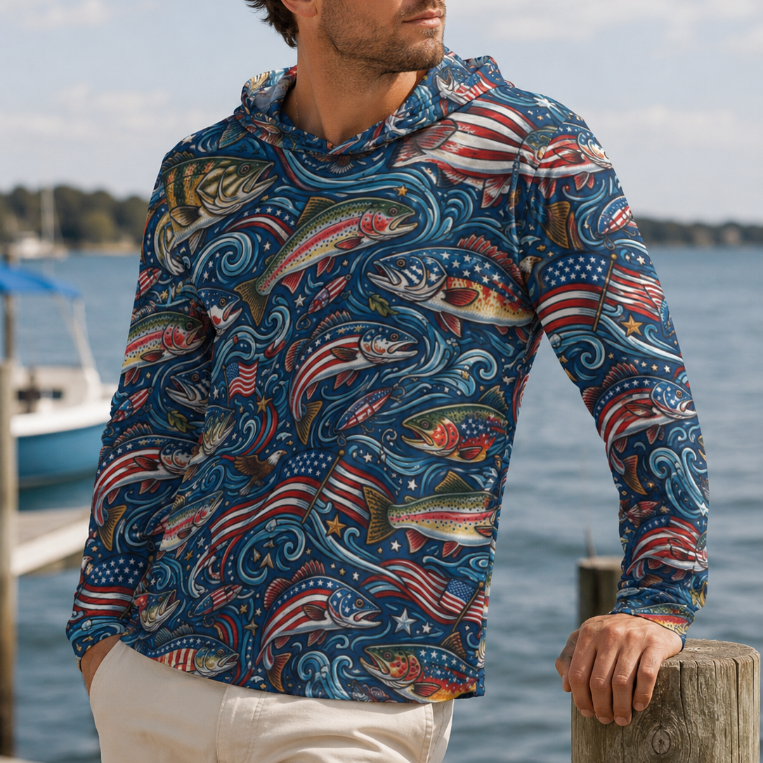 Man wearing a colorful hoodie with fish and American flag pattern by a body of water.