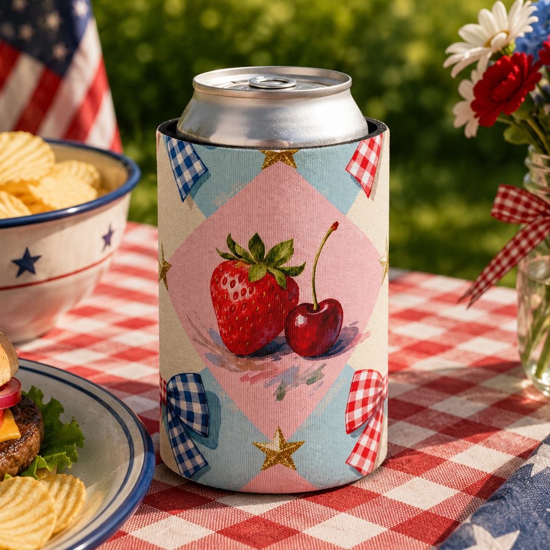 Can cooler with strawberry and cherry design on a picnic table with food and flowers.