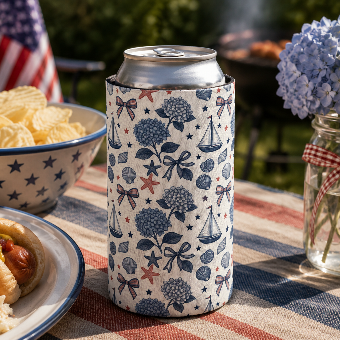 Can cooler with floral design on a picnic table with food and flowers