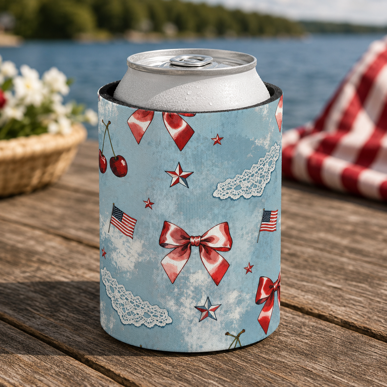 Can cooler with patriotic design on a wooden surface by a lake