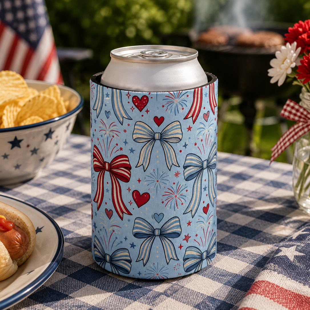Can cooler with patriotic design on a picnic table with food and flowers