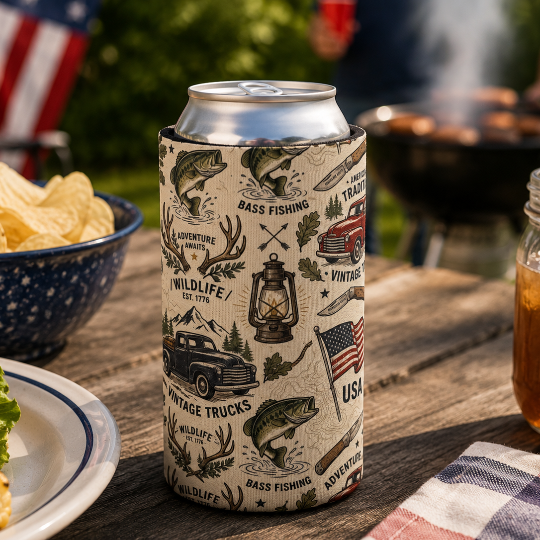 Can cooler with outdoor-themed design on a picnic table with food and drinks.