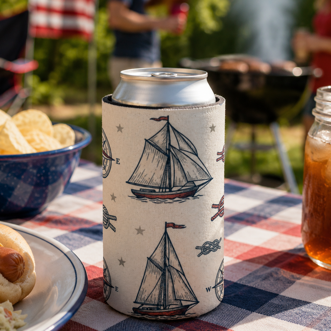 Can cooler with sailboat design on a picnic table with food and drinks