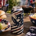 Can cooler with American flag design on a table with burgers, fries, and chips.