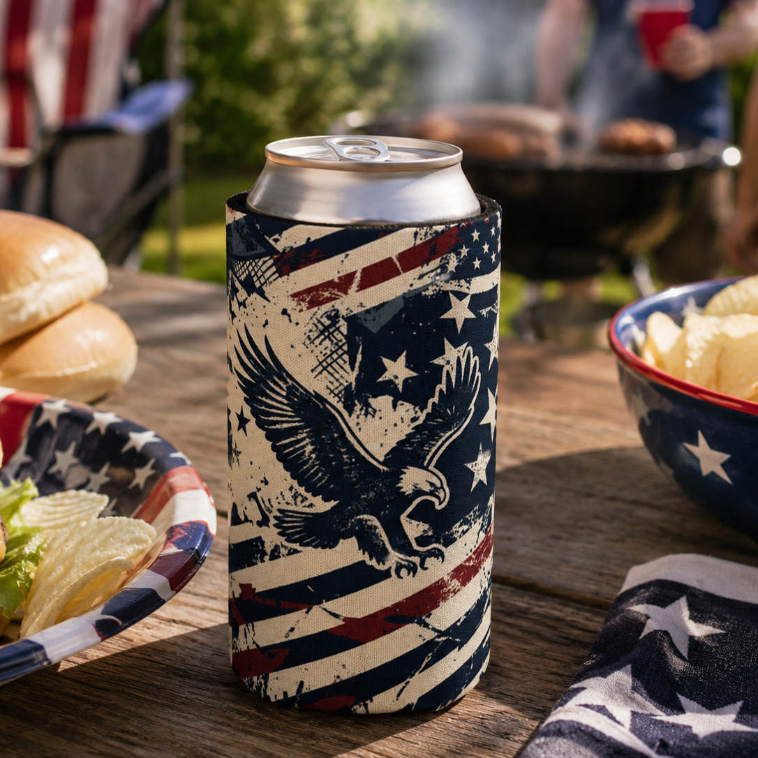 Can cooler with American flag design on a table with burgers, fries, and chips.