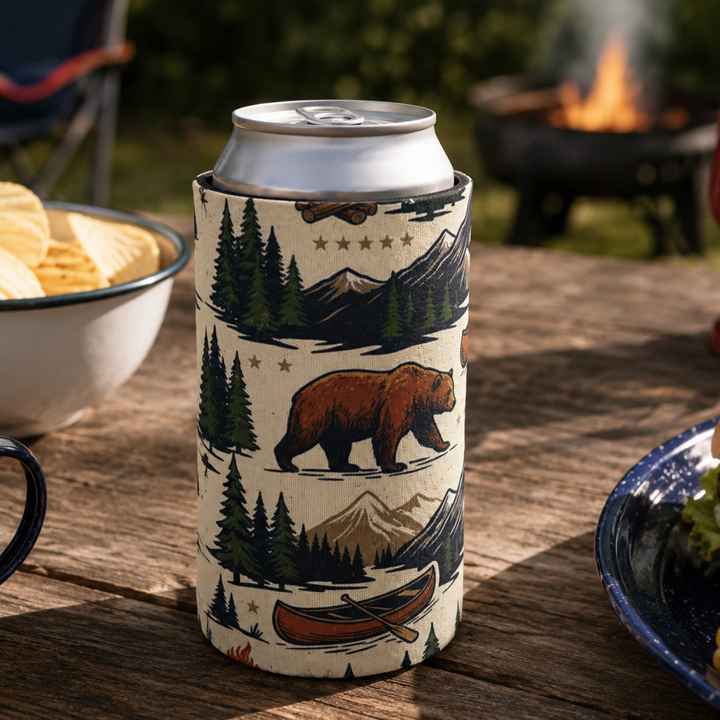 Can with a bear and nature design in a sleeve, surrounded by outdoor items on a wooden table.