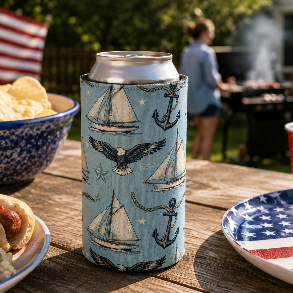 Can with nautical design on a wooden table with food and an American flag in the background