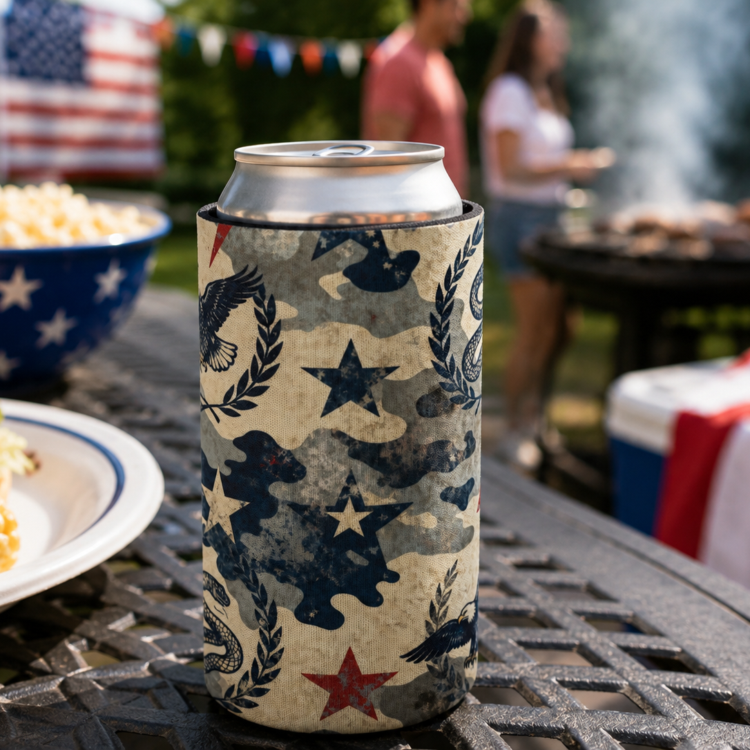 Cans with camouflage design on a table with food and people in the background