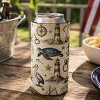 Can cooler with nautical design on a wooden table with food and drinks.