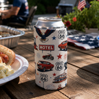 Can with Route 66 and motel design on a wooden table with food and flags in the background