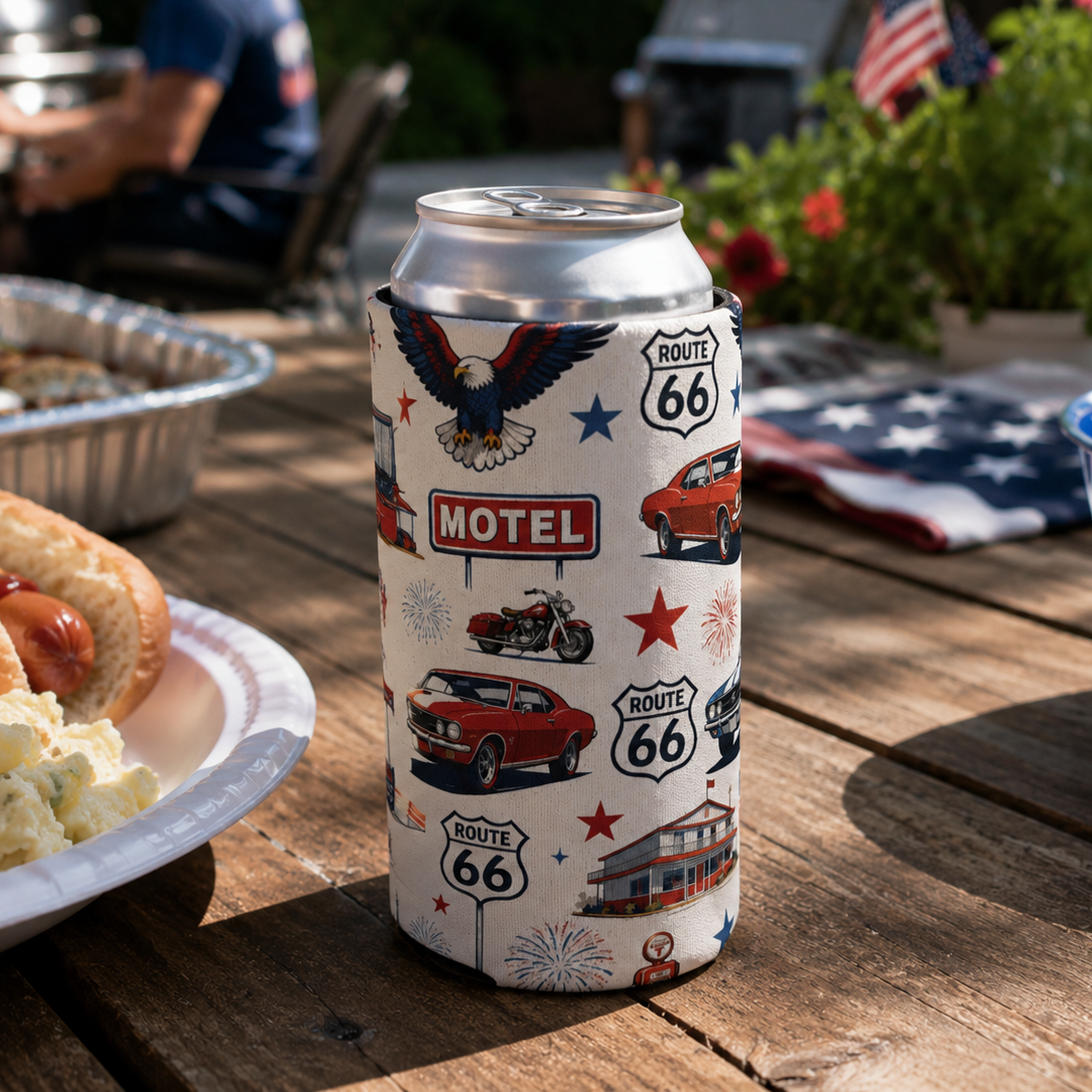 Can with Route 66 and motel design on a wooden table with food and flags in the background