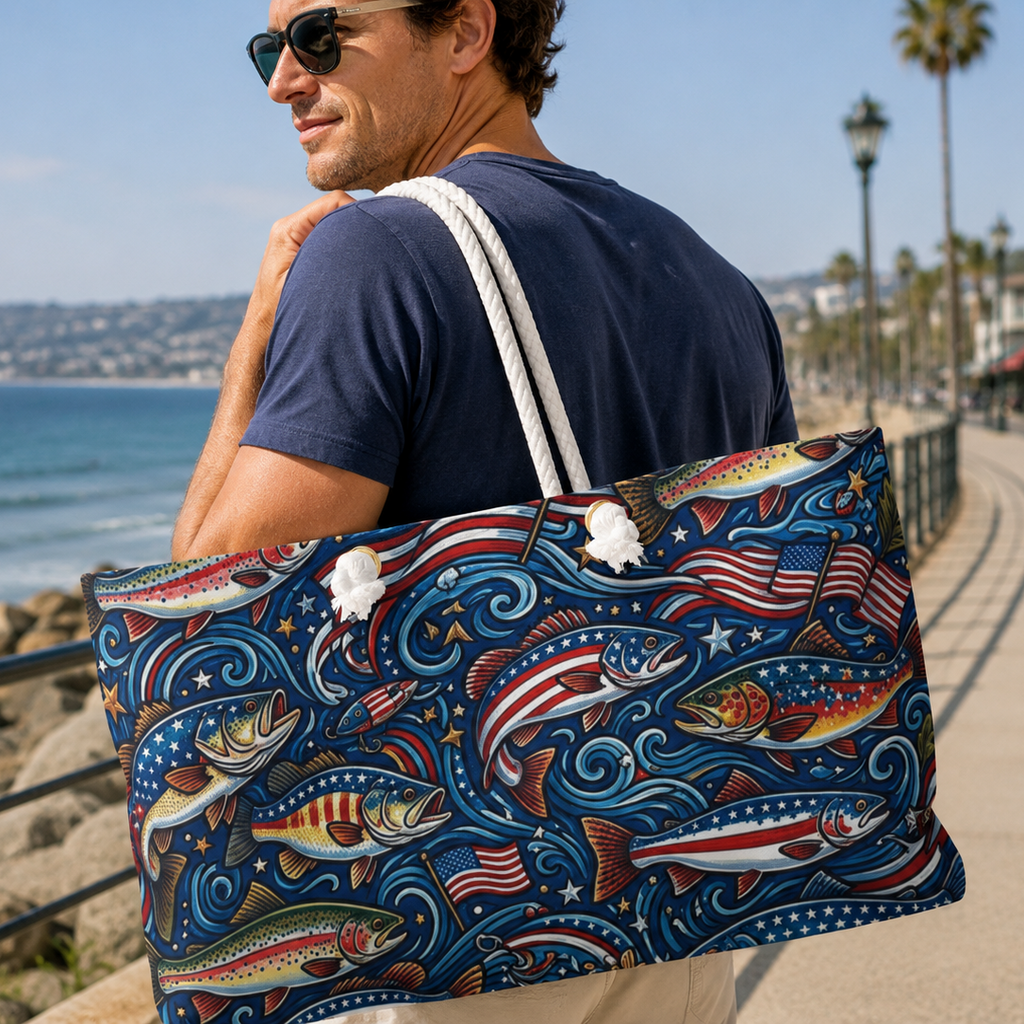 Man carrying a large tote bag with fish and American flag pattern by the beach.