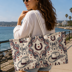 Woman carrying a patterned tote bag by the waterfront