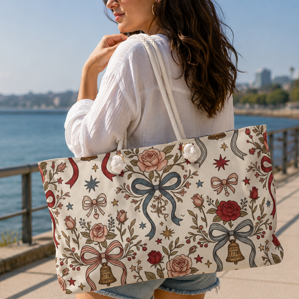 Woman holding a tote bag with floral and bow design by a waterfront.