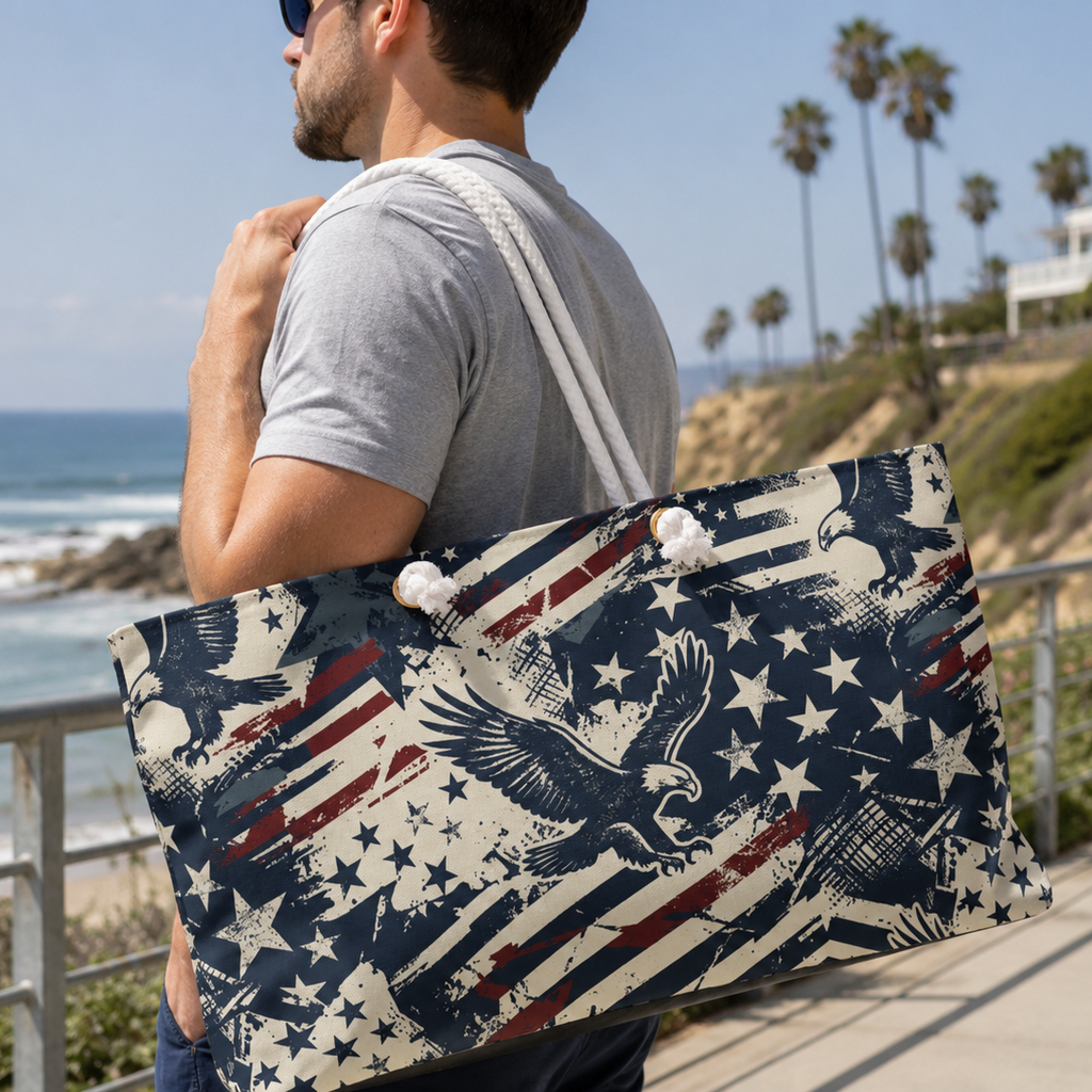Man holding a large tote bag with American flag design by the beach.