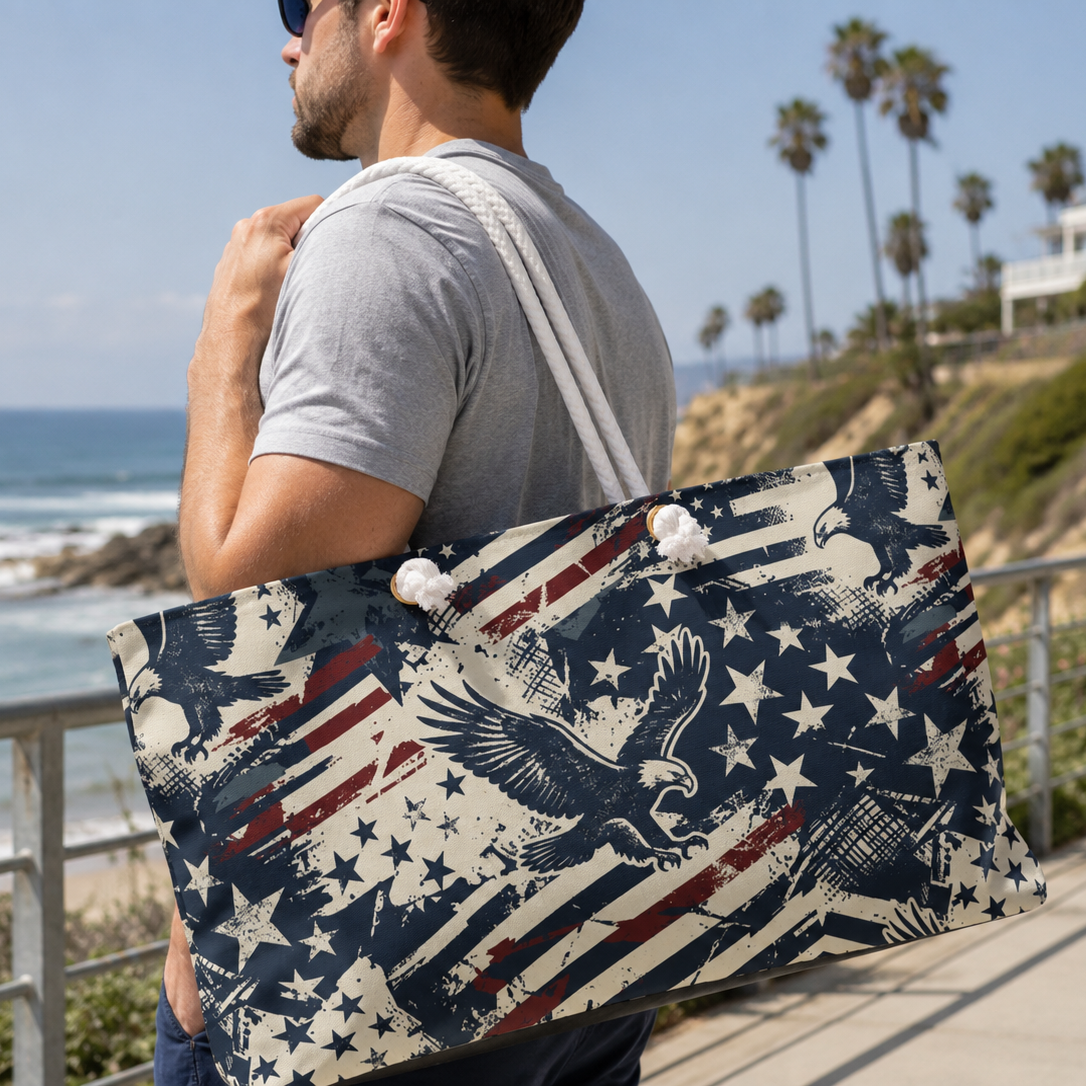 Man holding a large tote bag with American flag design by the beach.