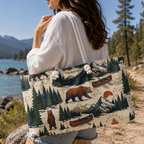 Person holding a tote bag with nature design by a lake
