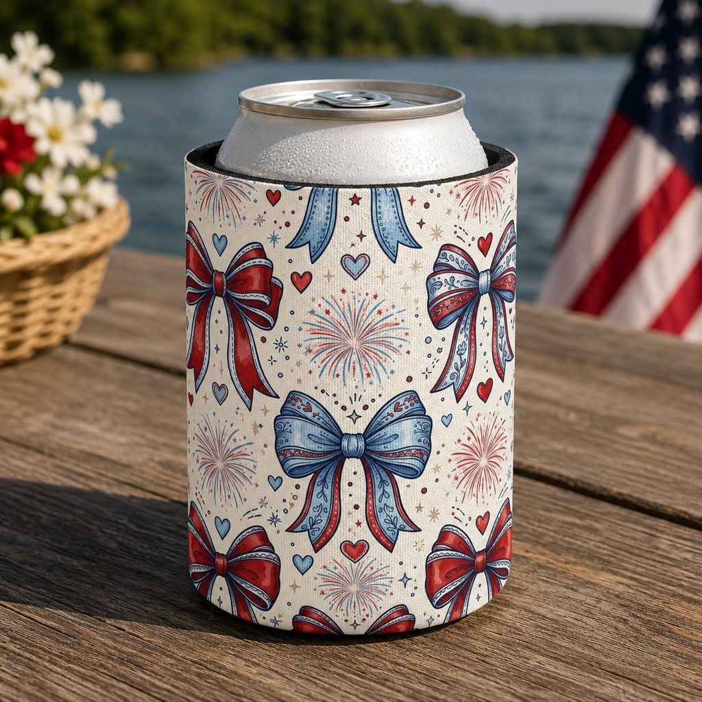 Americana Fireworks & Bows Can Cooler Printify