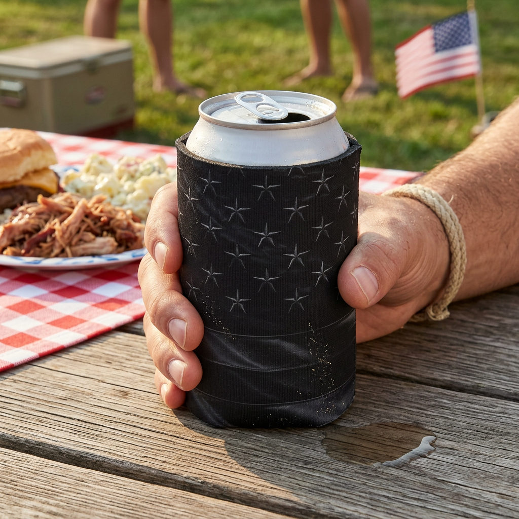 All-Black American Flag Can Cooler — Patriotic Koozie