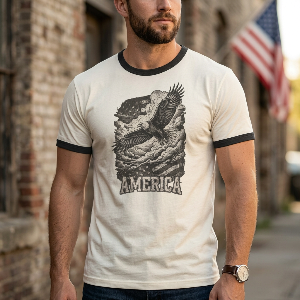 America Vintage Ringer T-Shirt — Retro Patriotic USA Graphic Tee Printify